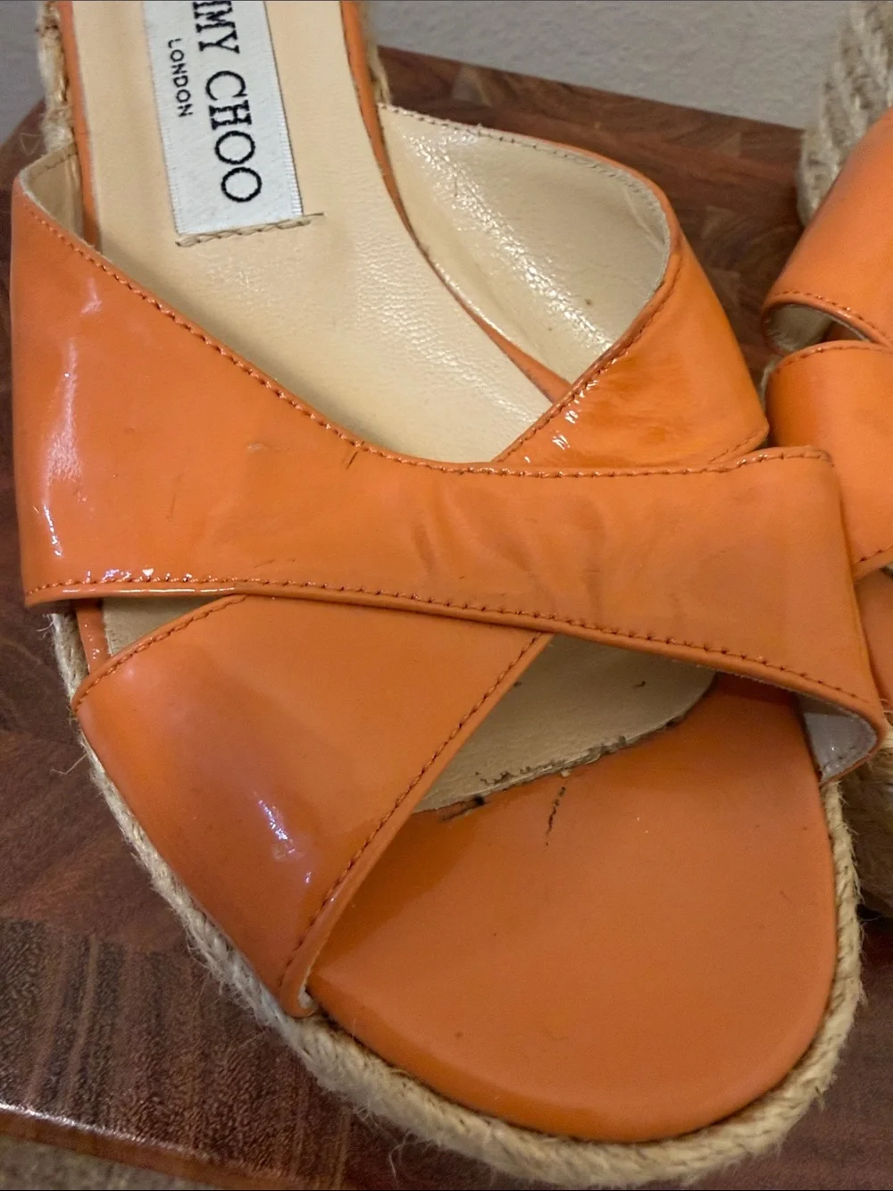 Jimmy Choo Phyllis Wedge Espadrille Orange Patent Leather Sandal Size 37 US 7